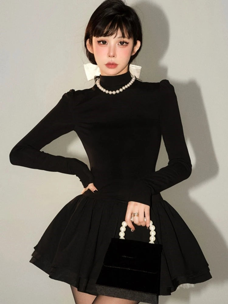 Knitted Dress Long Sleeve Half High Collar A-line Mini Dresses Autumn Winter Birthday Party Vestidos Trend
