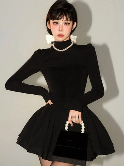Knitted Dress Long Sleeve Half High Collar A-line Mini Dresses Autumn Winter Birthday Party Vestidos Trend
