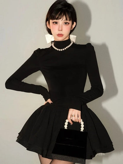 Knitted Dress Long Sleeve Half High Collar A-line Mini Dresses Autumn Winter Birthday Party Vestidos Trend