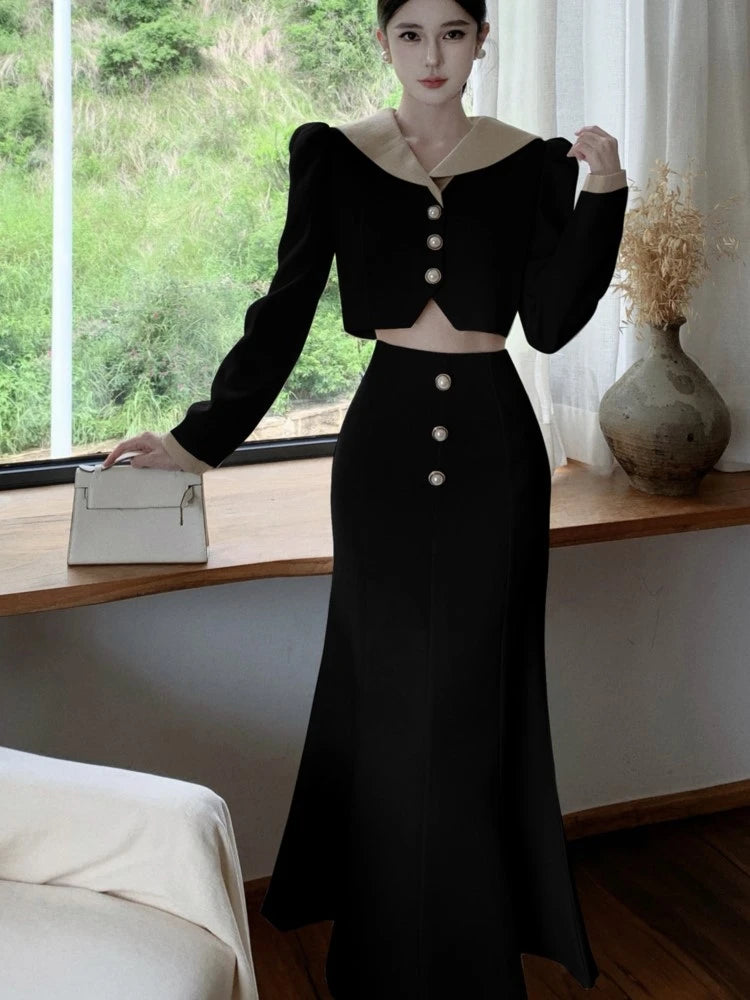 Two Piece Set Long Sleeves Short Coat + High Waist Mermaid Skirt Autumn Winter Korean Style Patchwork Outfit