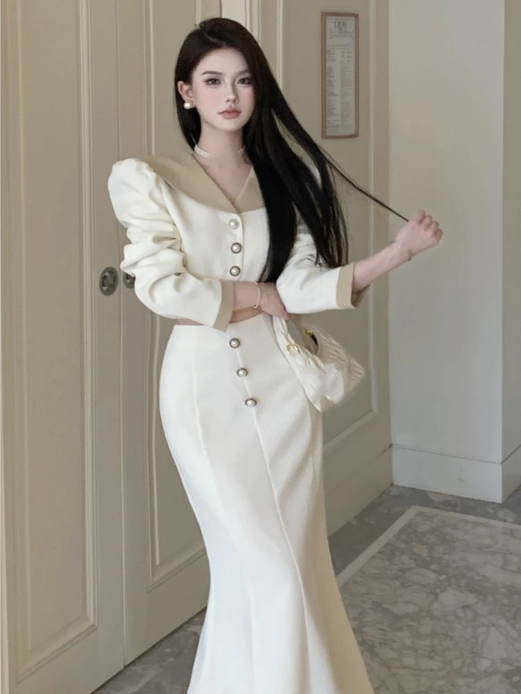 Two Piece Set Long Sleeves Short Coat + High Waist Mermaid Skirt Autumn Winter Korean Style Patchwork Outfit