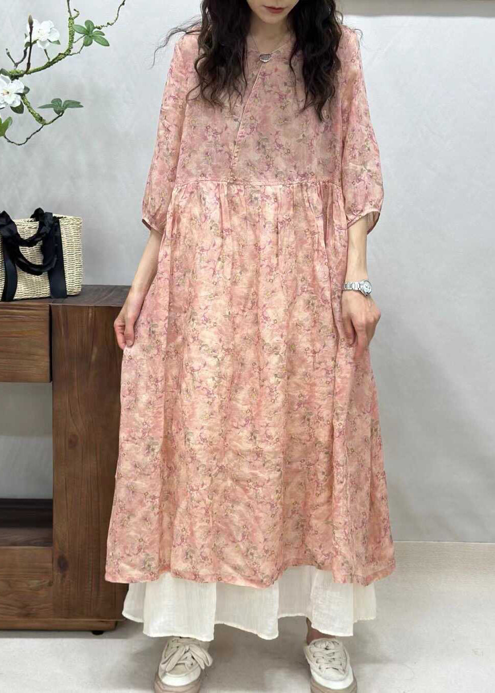 Yellow V Neck Print Linen Long Dresses Half Sleeve Jh024