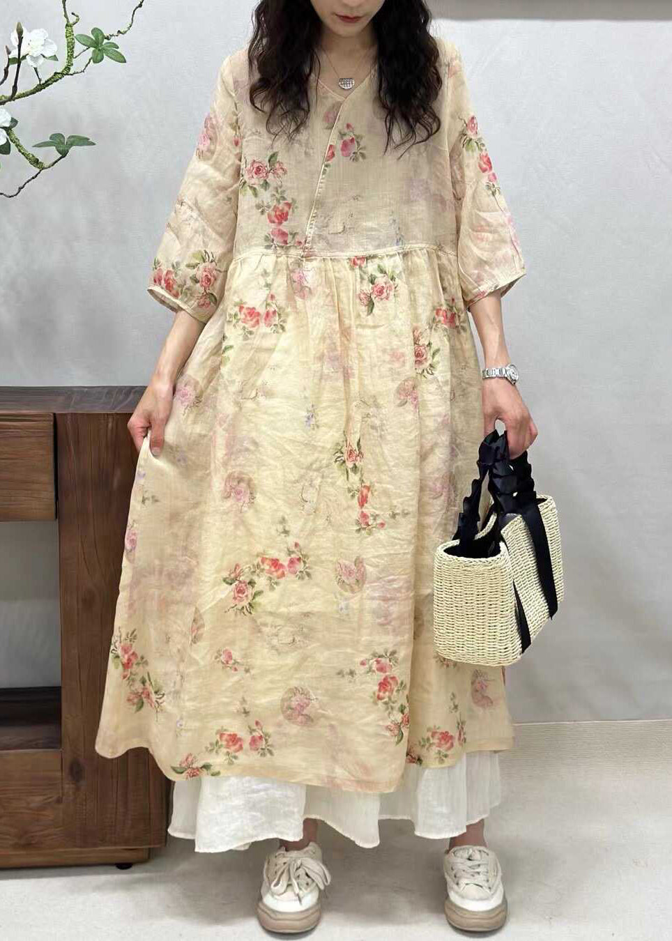 Yellow V Neck Print Linen Long Dresses Half Sleeve Jh024