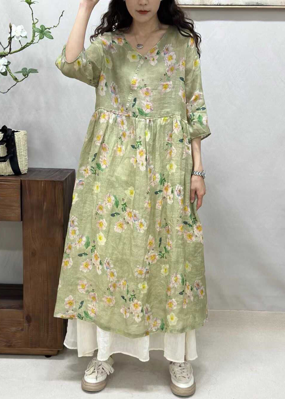 Yellow V Neck Print Linen Long Dresses Half Sleeve Jh024