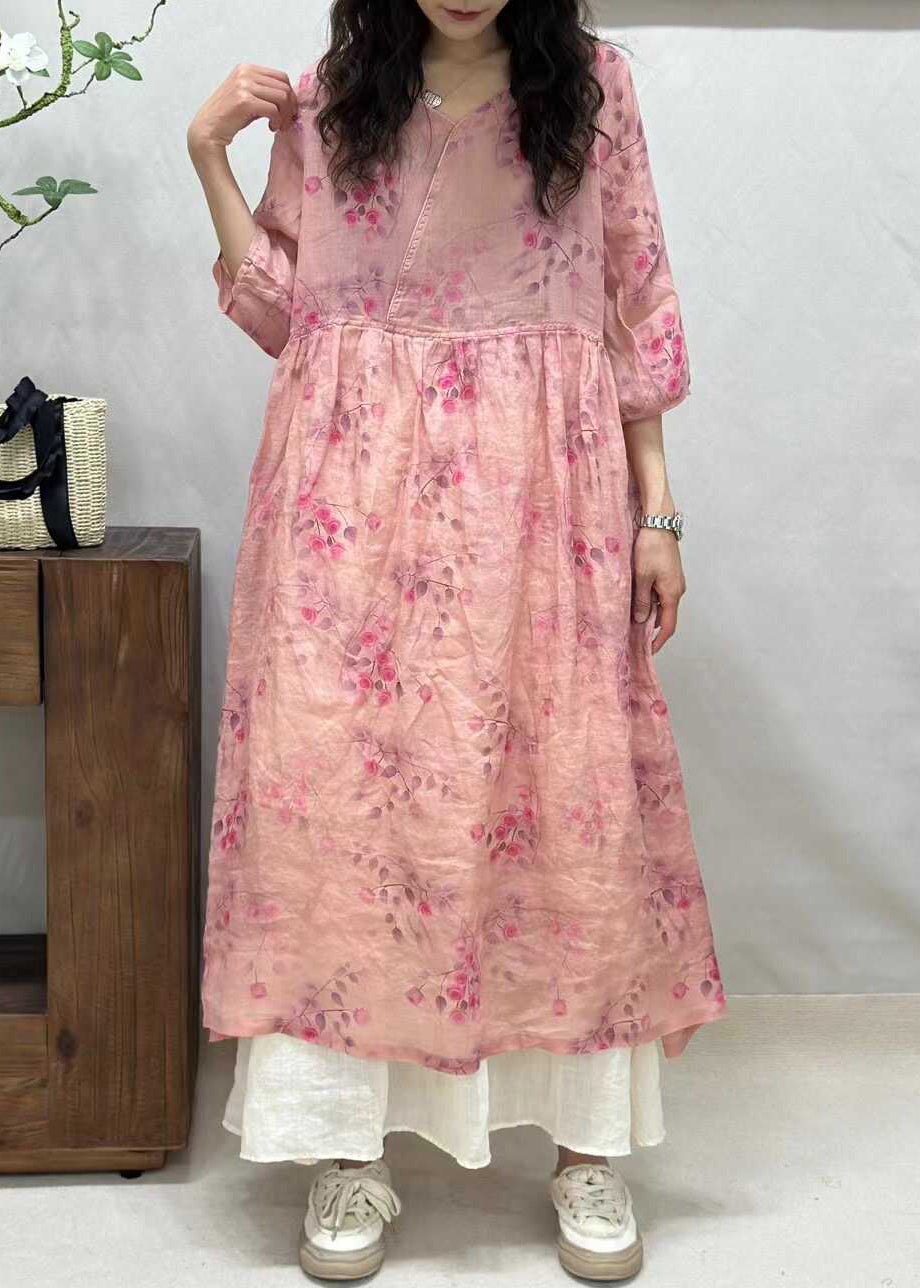 Yellow V Neck Print Linen Long Dresses Half Sleeve Jh024