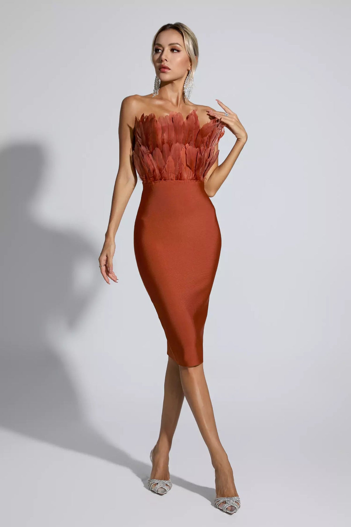 Elianna Dark Brown Feather Midi Dress