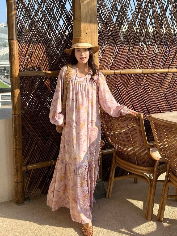 Breeze Cotton Long Dress Sweet & Relaxed Travel-ready Loose Fit Gown Flowy Dress