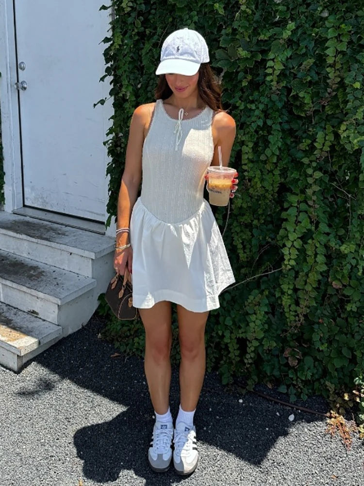 Fantoye Backless A-line Dress White Sleeveless Round Neck Mini Dress Female Summer Loose Vestidos