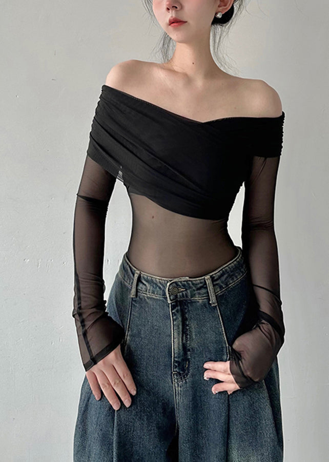 Black Cold Shoulder Tulle Blouse Tops Fall Al1059
