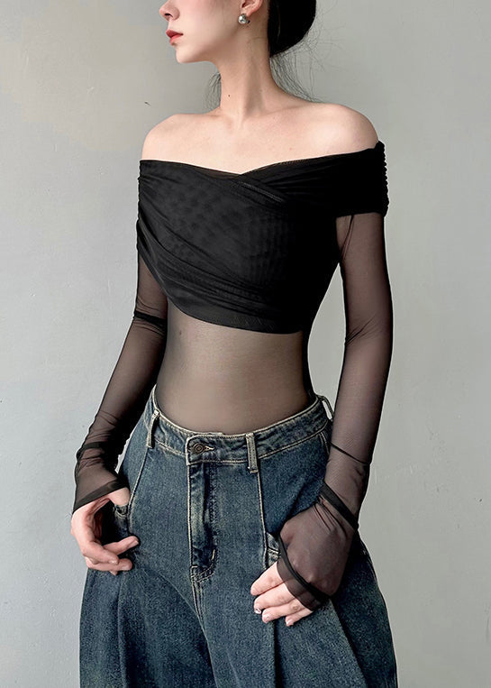 Black Cold Shoulder Tulle Blouse Tops Fall Al1059