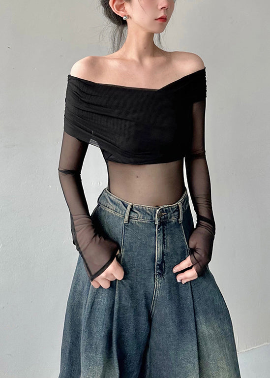 Black Cold Shoulder Tulle Blouse Tops Fall Al1059