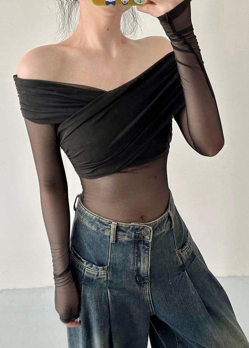 Black Cold Shoulder Tulle Blouse Tops Fall Al1059