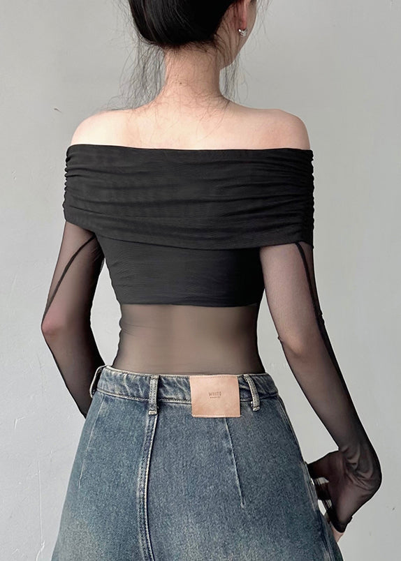 Black Cold Shoulder Tulle Blouse Tops Fall Al1059