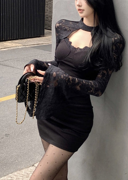 Black Wraped Patchwork Lace Mini Dress Spring Yp054