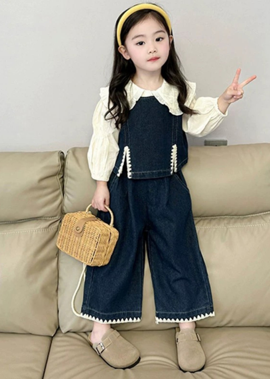 Blue Kids Denim Waistcoat Shirts and Crop Pants Three Pieces Set Spring Tr033