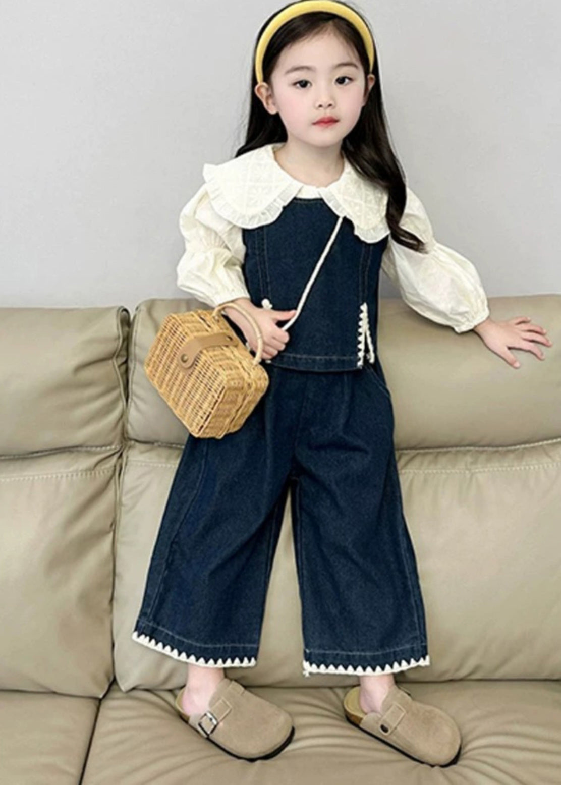 Blue Kids Denim Waistcoat Shirts and Crop Pants Three Pieces Set Spring Tr033