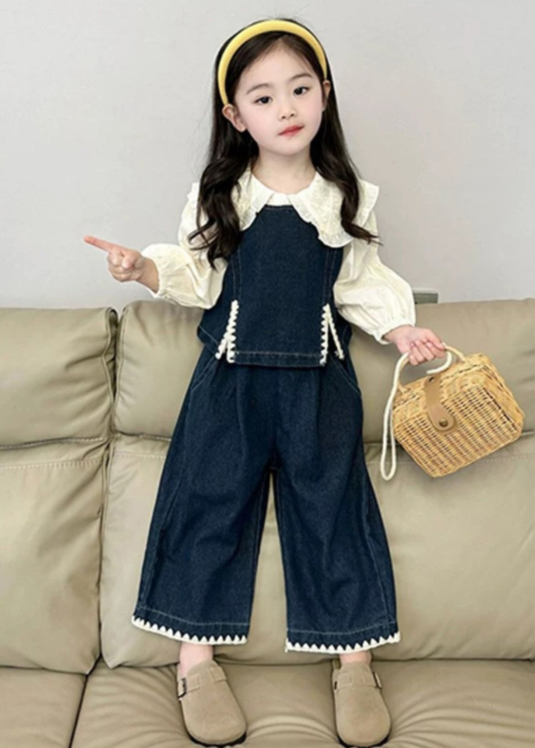 Blue Kids Denim Waistcoat Shirts and Crop Pants Three Pieces Set Spring Tr033