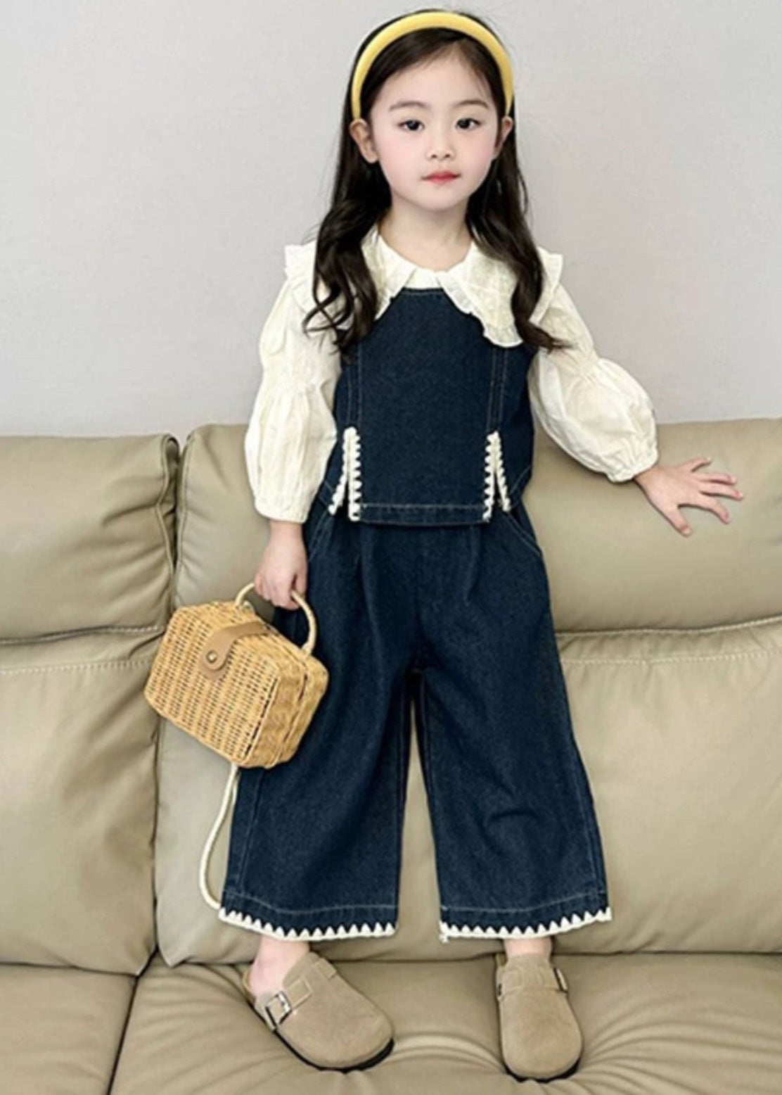 Blue Kids Denim Waistcoat Shirts and Crop Pants Three Pieces Set Spring Tr033