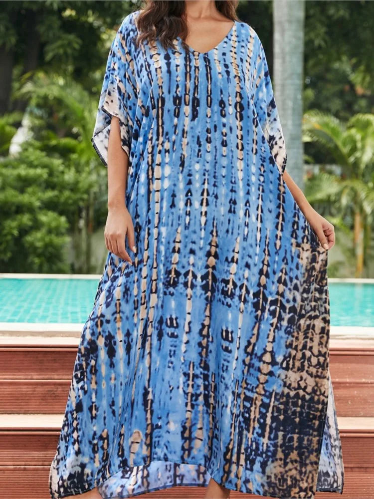 Striped Print Long Dresses V-neck Bat Sleeve Loose Slit Beach Dress Summer New Beachwear Vestidos