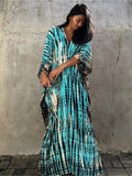 Striped Print Long Dresses V-neck Bat Sleeve Loose Slit Beach Dress Summer New Beachwear Vestidos