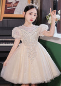 Champagne O-neck Patchwork Sequins Tulle Kids Long Dresses Summer Xz041