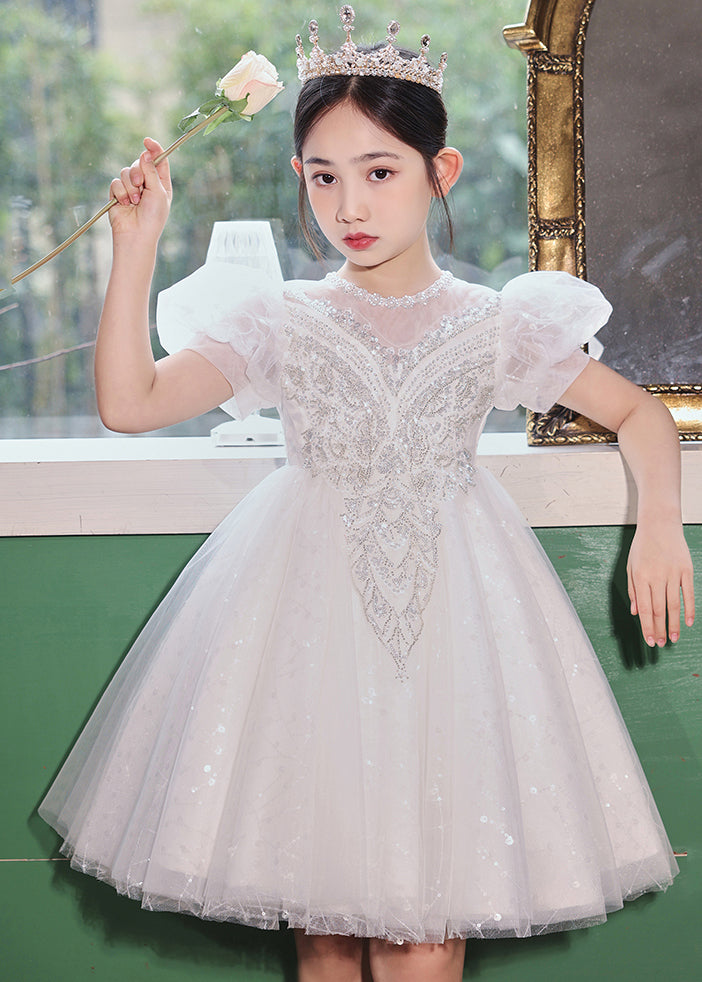 Champagne O-neck Patchwork Sequins Tulle Kids Long Dresses Summer Xz041