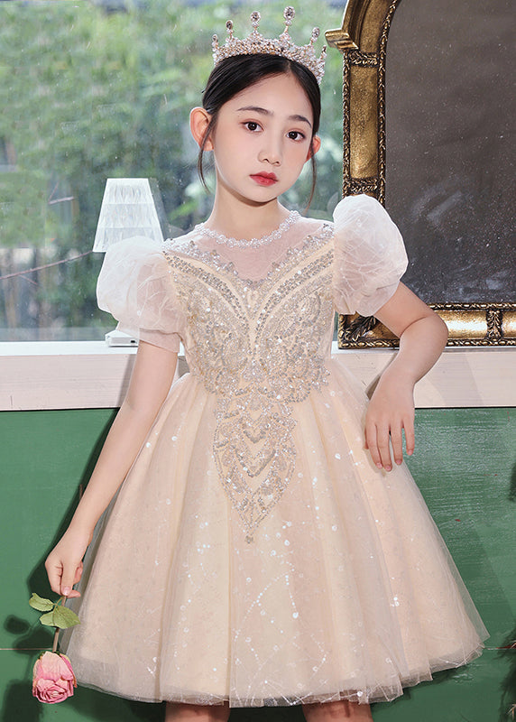 Champagne O-neck Patchwork Sequins Tulle Kids Long Dresses Summer Xz041