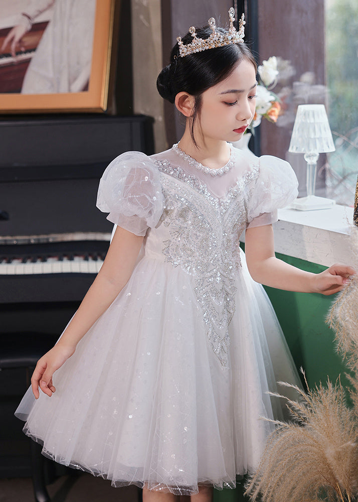 Champagne O-neck Patchwork Sequins Tulle Kids Long Dresses Summer Xz041