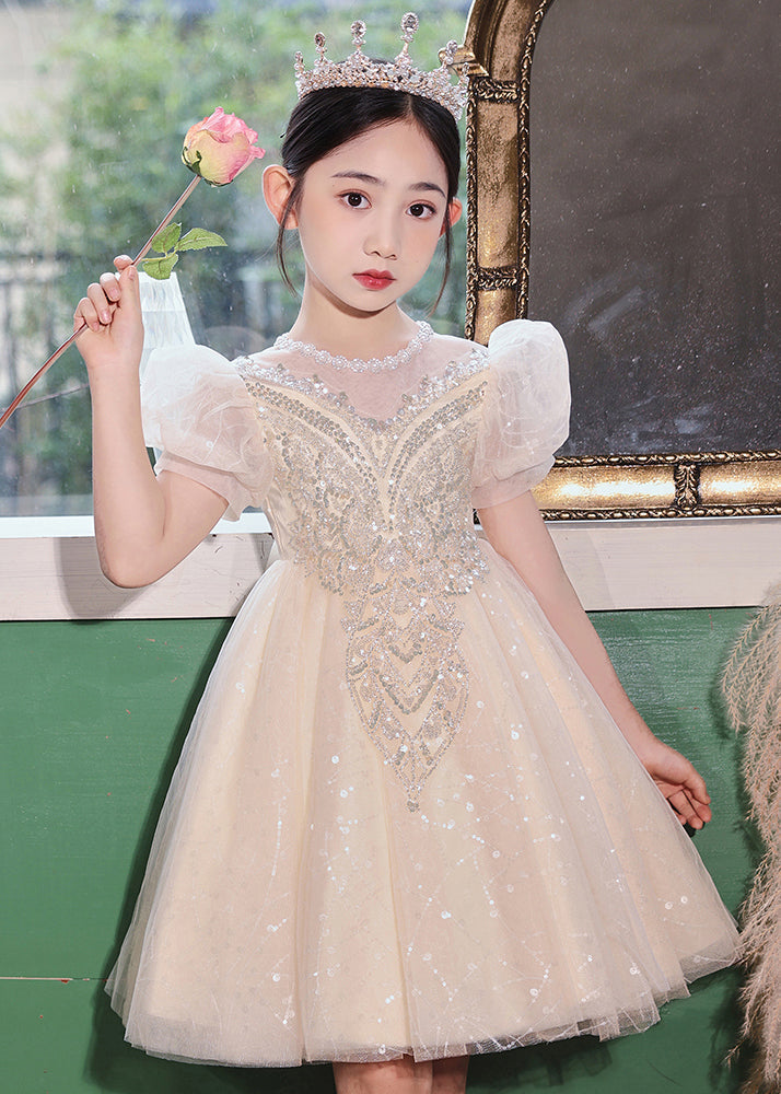 Champagne O-neck Patchwork Sequins Tulle Kids Long Dresses Summer Xz041
