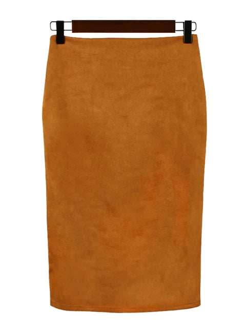 Suede Color Pencil Skirt Female Autumn Winter High Waist Bodycon Split Thick Stretchy Skirts