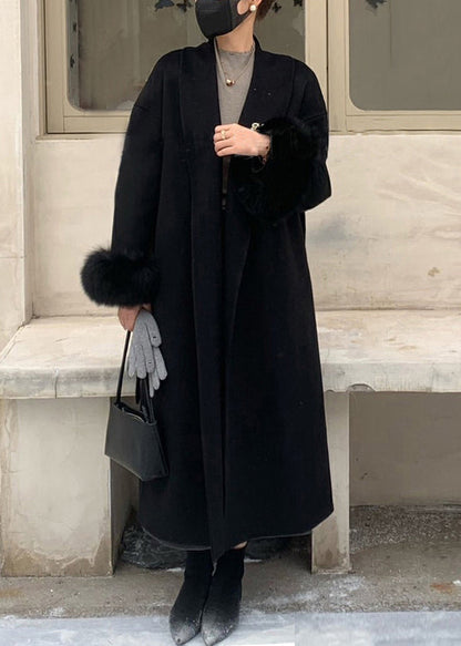 Grey Fox Fur Patchwork Woolen Duster Coat Winter Rs043