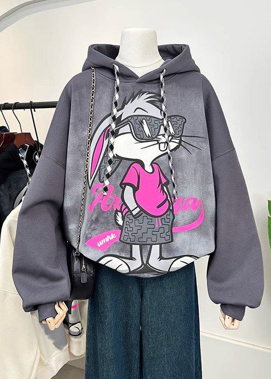 Grey Hooded Cartoon Print Cotton Sweatshirts Spring Yf010