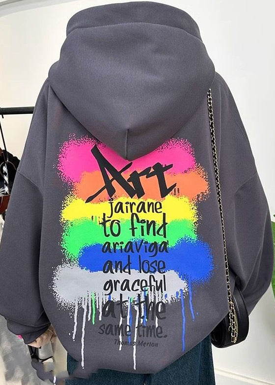 Grey Hooded Cartoon Print Cotton Sweatshirts Spring Yf010