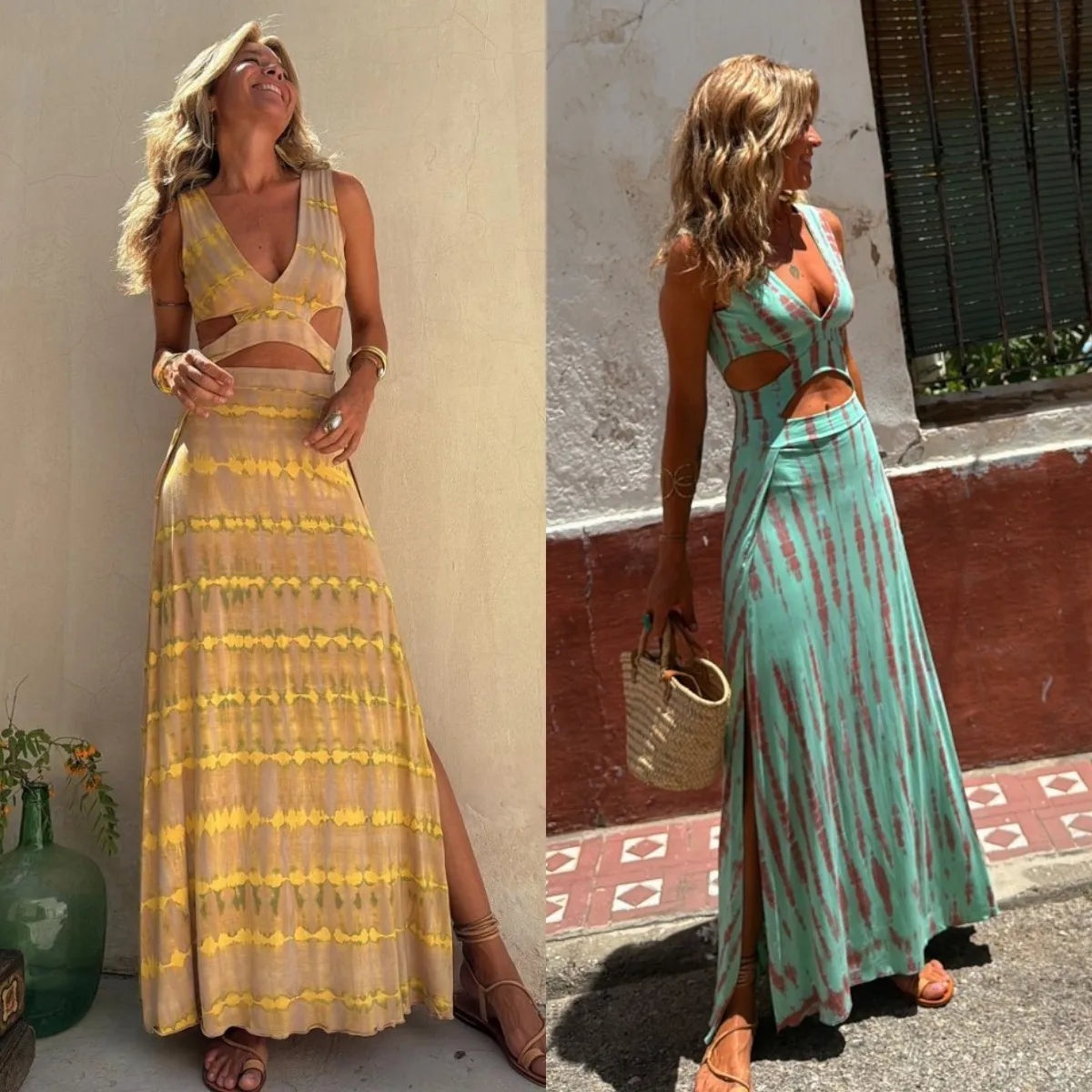 Print Slim Sleeveless Long Dresses V-neck Hollow Out Backless Bodycon Package Hip Slit Dress Vacation Vestido
