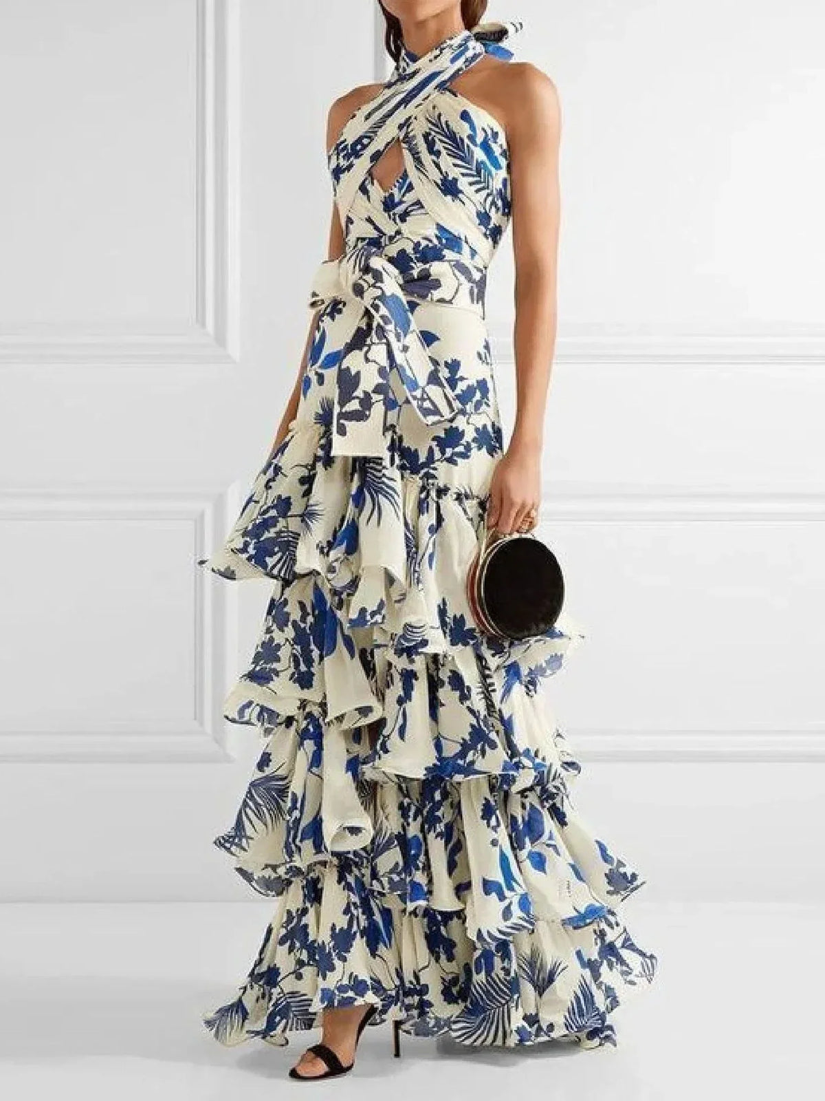 Printed Suspender Dress Backless Lace Up Long Dresses for Blue High Waist Loose Formal Evening Dress