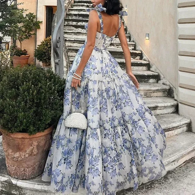 Printed Suspender Dress Backless Lace Up Long Dresses for Blue High Waist Loose Formal Evening Dress