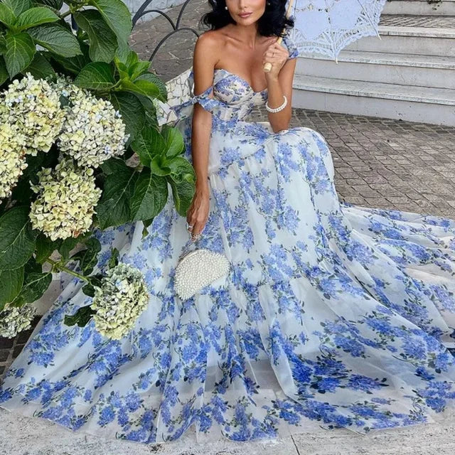 Printed Suspender Dress Backless Lace Up Long Dresses for Blue High Waist Loose Formal Evening Dress