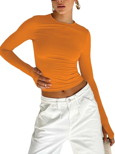 T-shirt Long Sleeve Crew Neck Slim Fit Crop Top With Thumb Holes for Daily Summer Camis