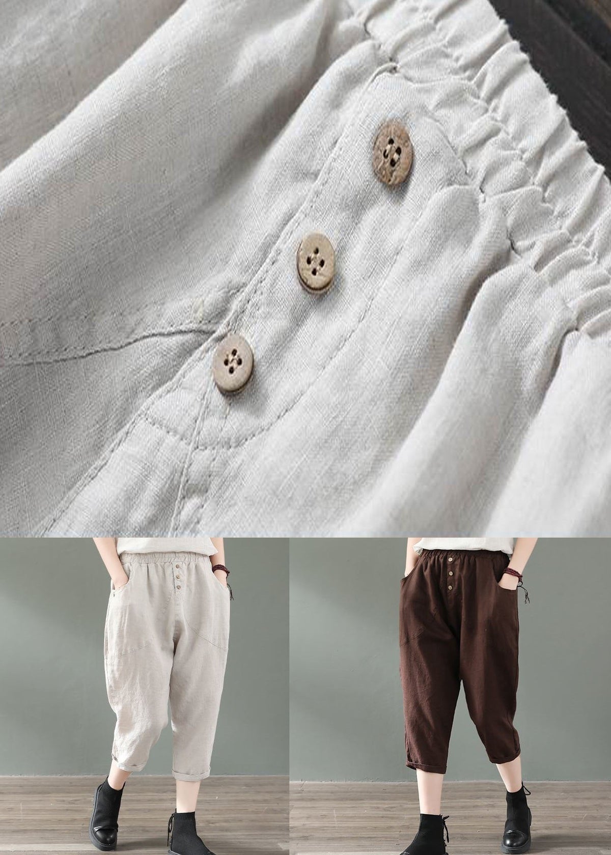 Fine Coffee Pockets Patchwork Linen Crop Pants Summer Ly0589