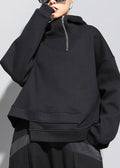 Fitted Black Stand Collar Patchwork Pockets Warm Fleece Hooded Sweatshirt Winter Rz006