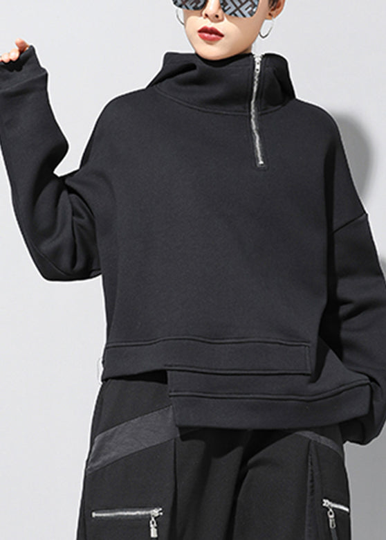 Fitted Black Stand Collar Patchwork Pockets Warm Fleece Hooded Sweatshirt Winter Rz006