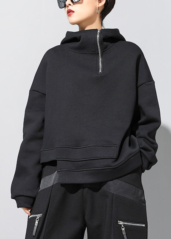 Fitted Black Stand Collar Patchwork Pockets Warm Fleece Hooded Sweatshirt Winter Rz006