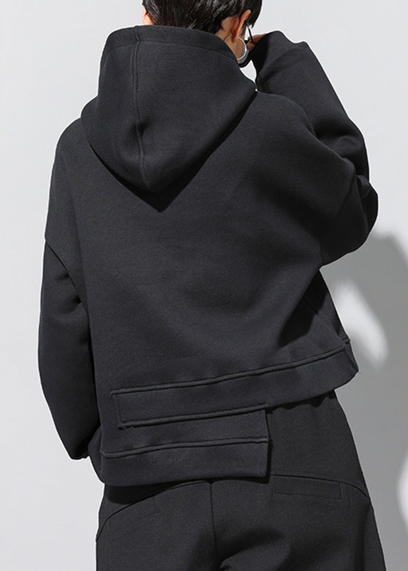 Fitted Black Stand Collar Patchwork Pockets Warm Fleece Hooded Sweatshirt Winter Rz006