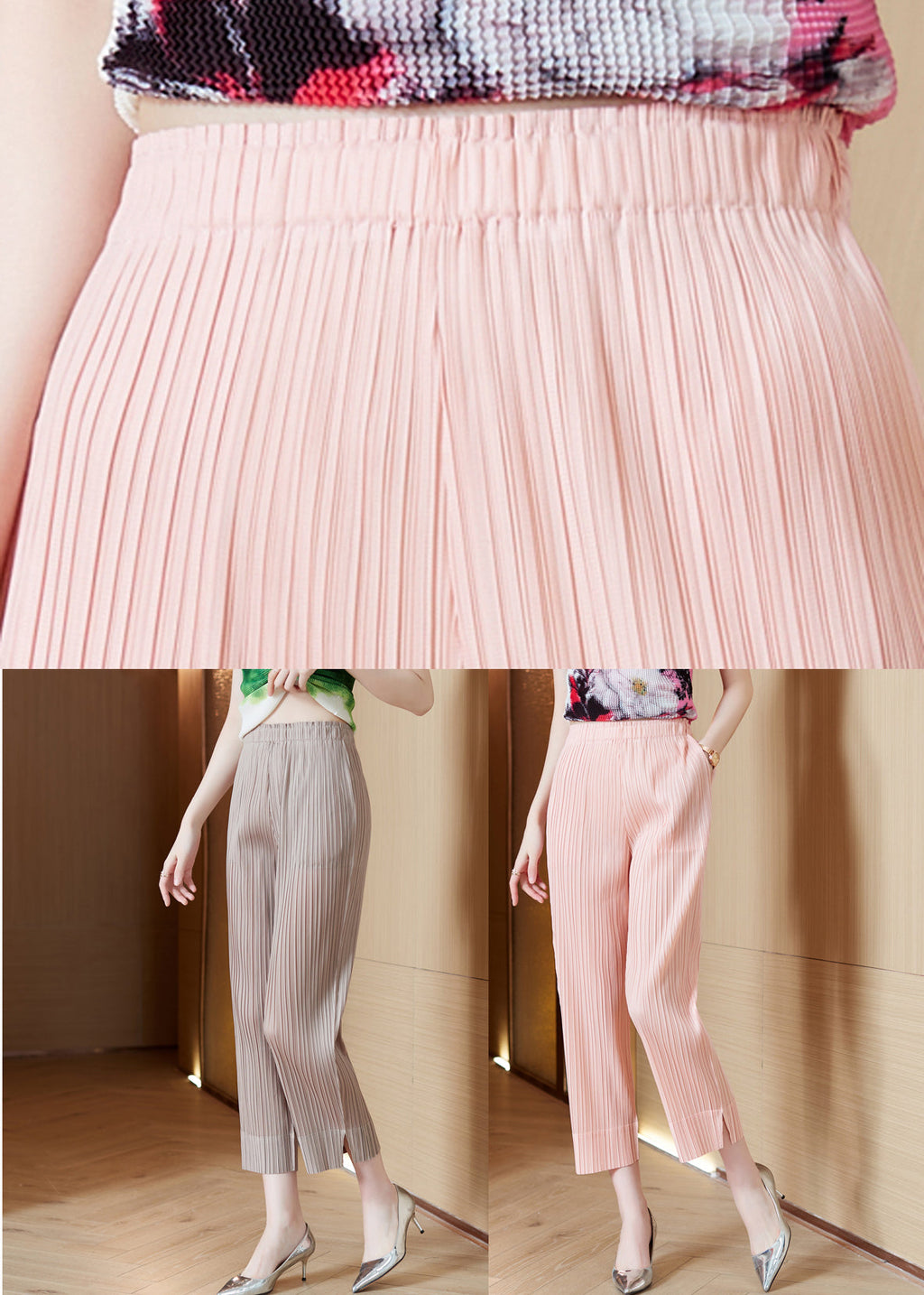 Fitted Pink Elastic Waist Side Open Silk Pants Trousers Spring Ly0445