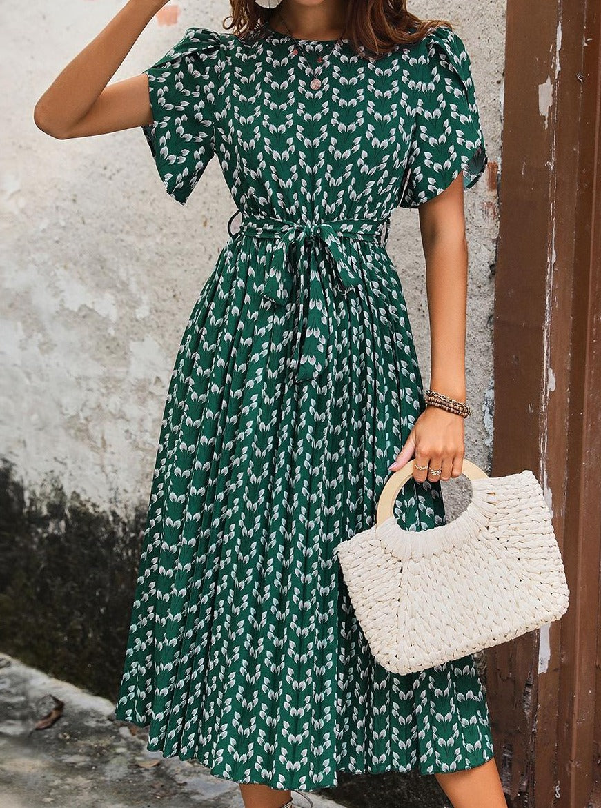 Midi Dress Stretch Sash Jewel Neck Short Sleeves