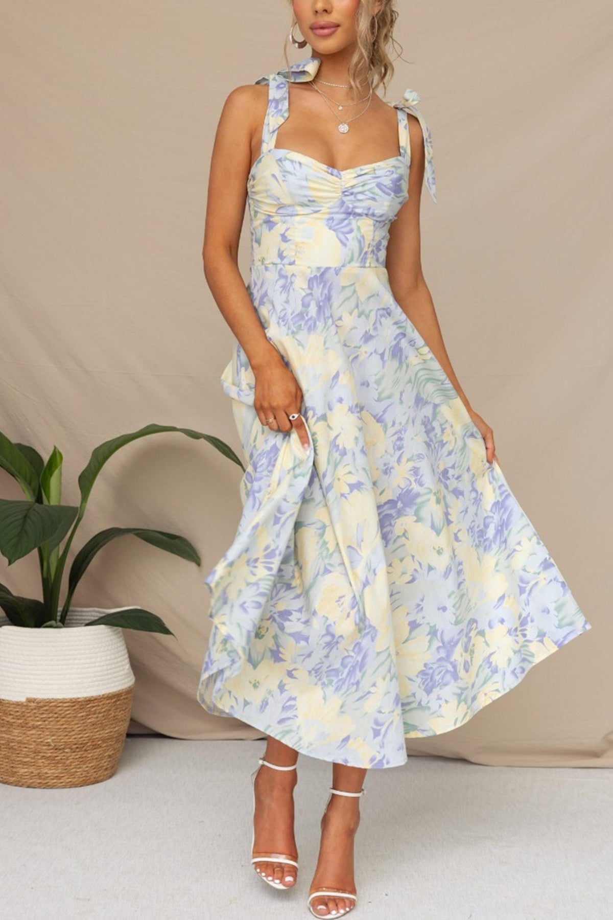 Print Tie-straps Waisted Midi Dress
