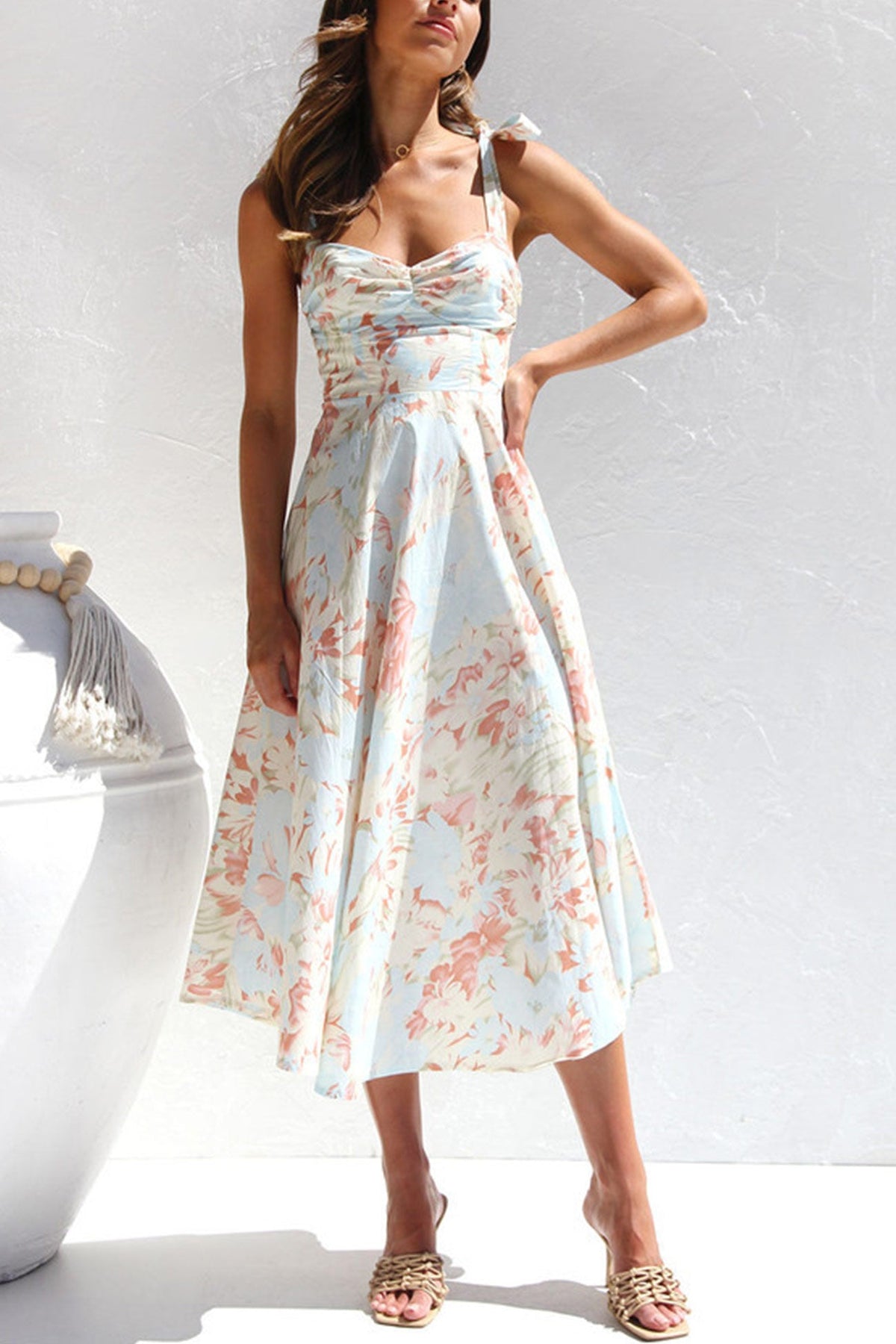 Print Tie-straps Waisted Midi Dress