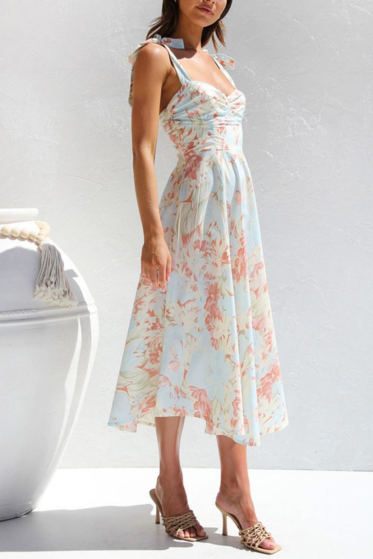 Print Tie-straps Waisted Midi Dress