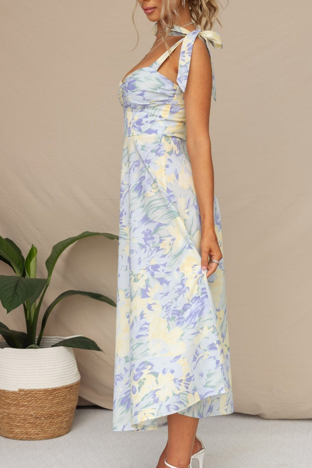 Print Tie-straps Waisted Midi Dress