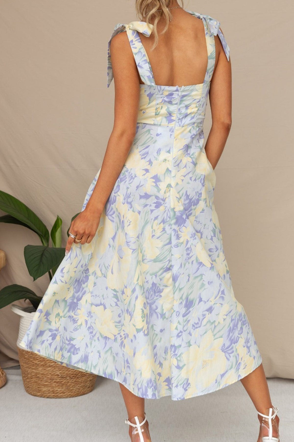 Print Tie-straps Waisted Midi Dress